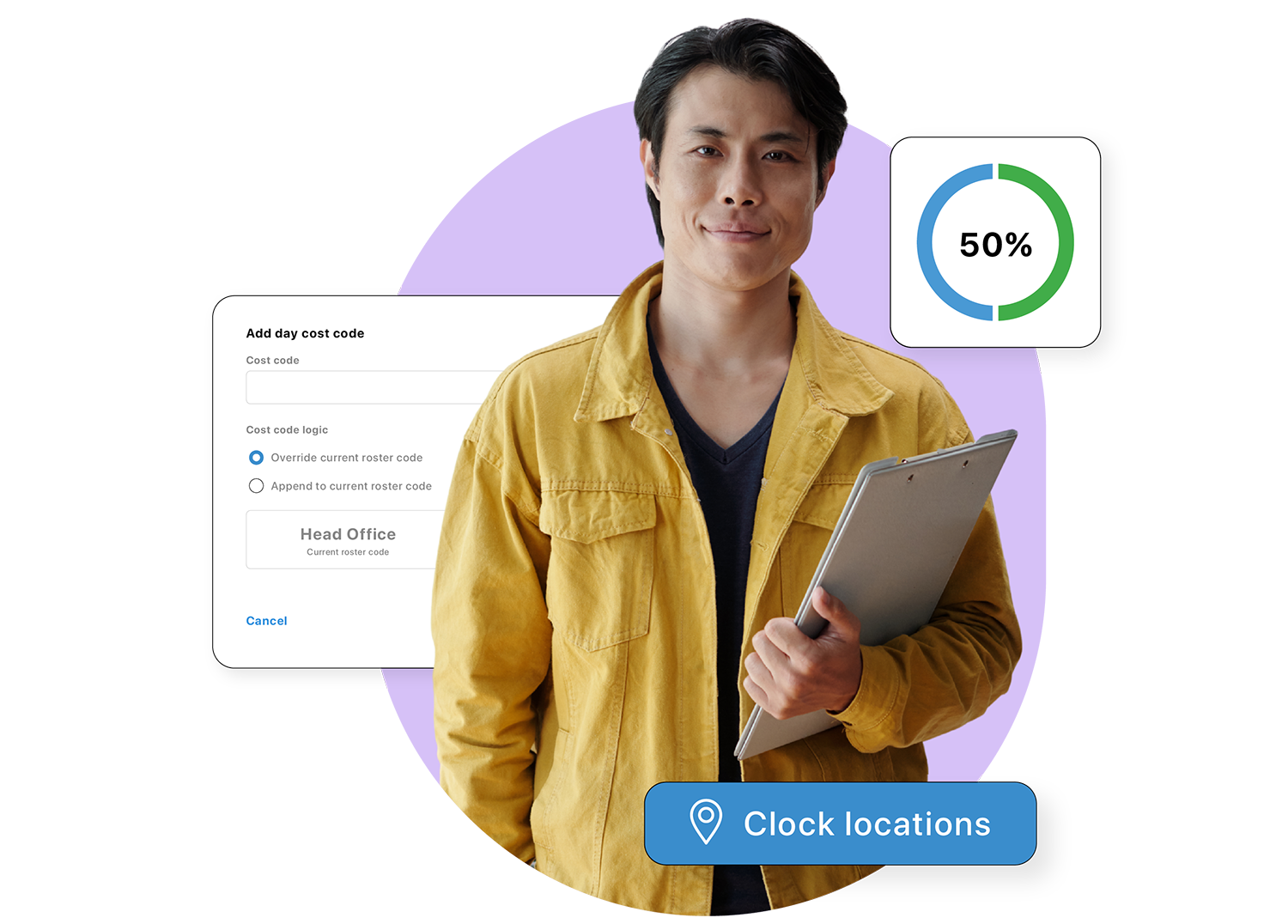 A payroll officer surrounded by animated workforce analytics tools