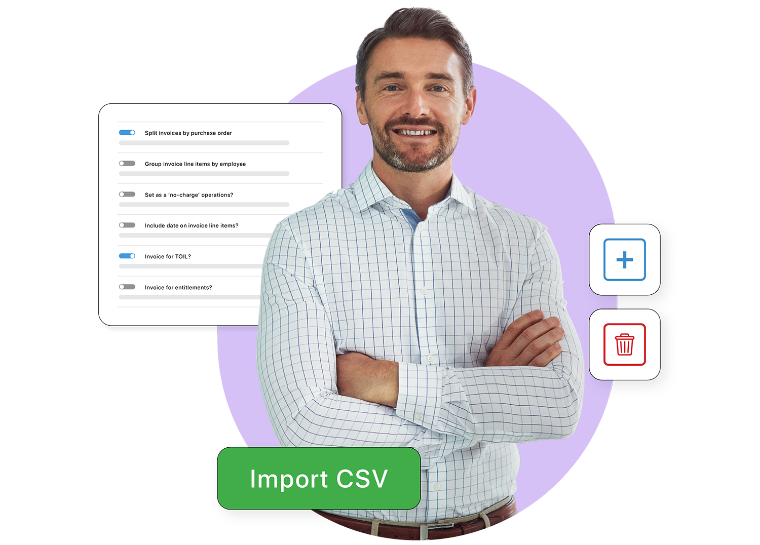A man surrounded by animated invoicing tools