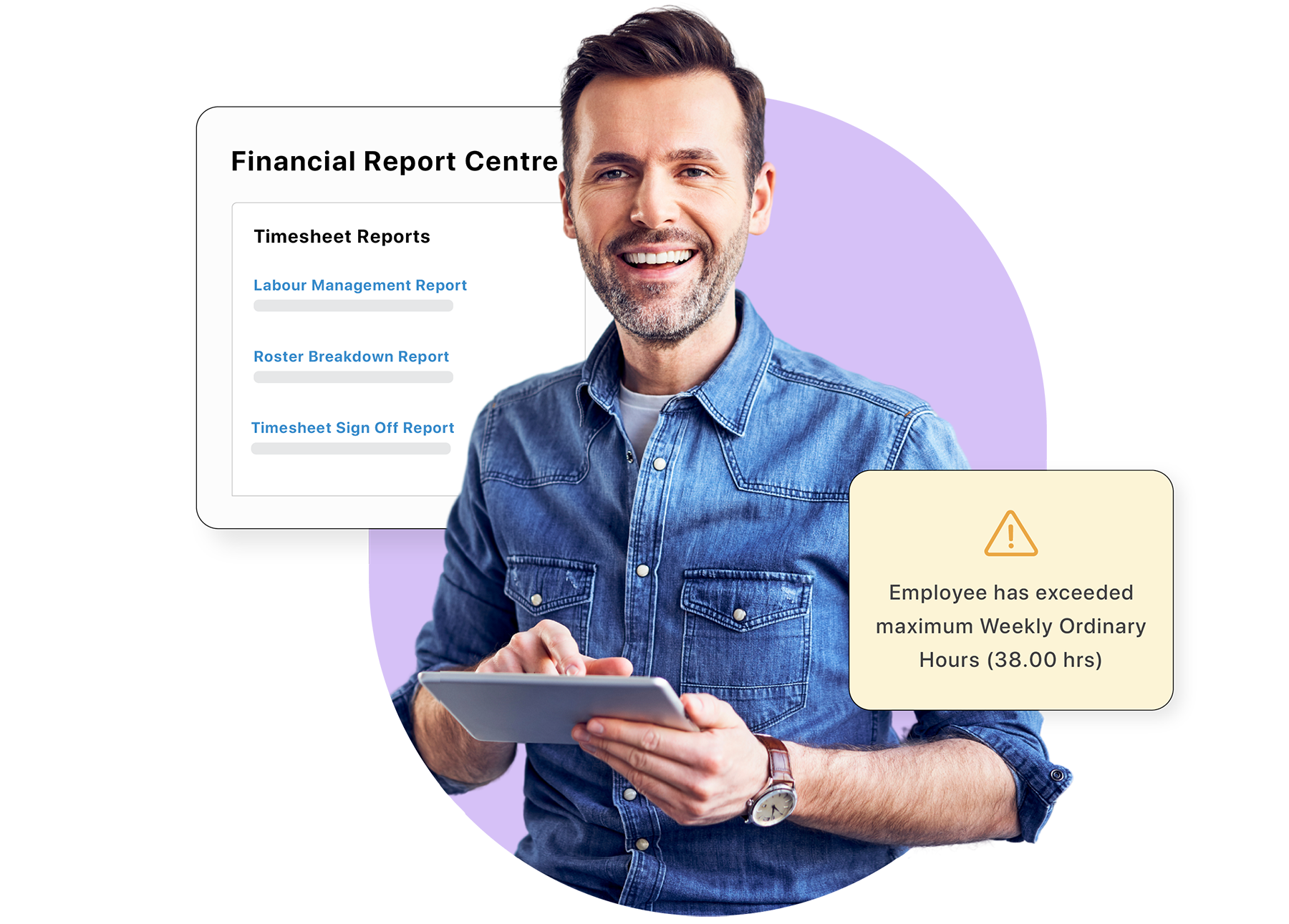 A payroll officer surrounded by animated financial reports and overtime hours alerts