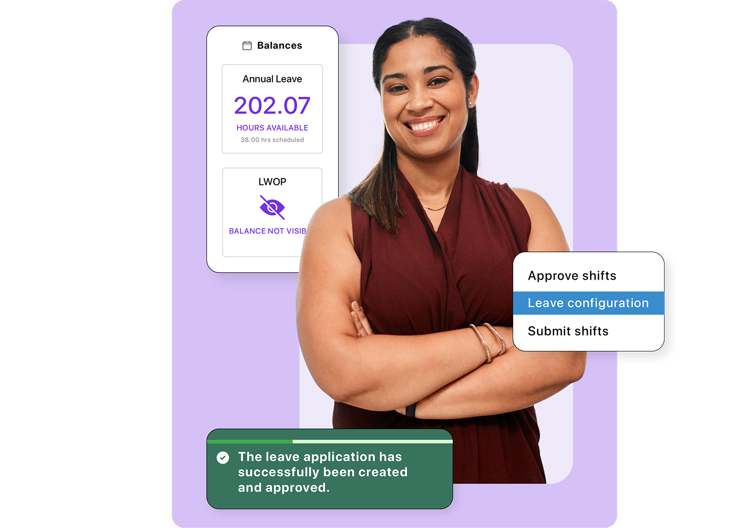 A payroll officer surrounded by animated leave management tools