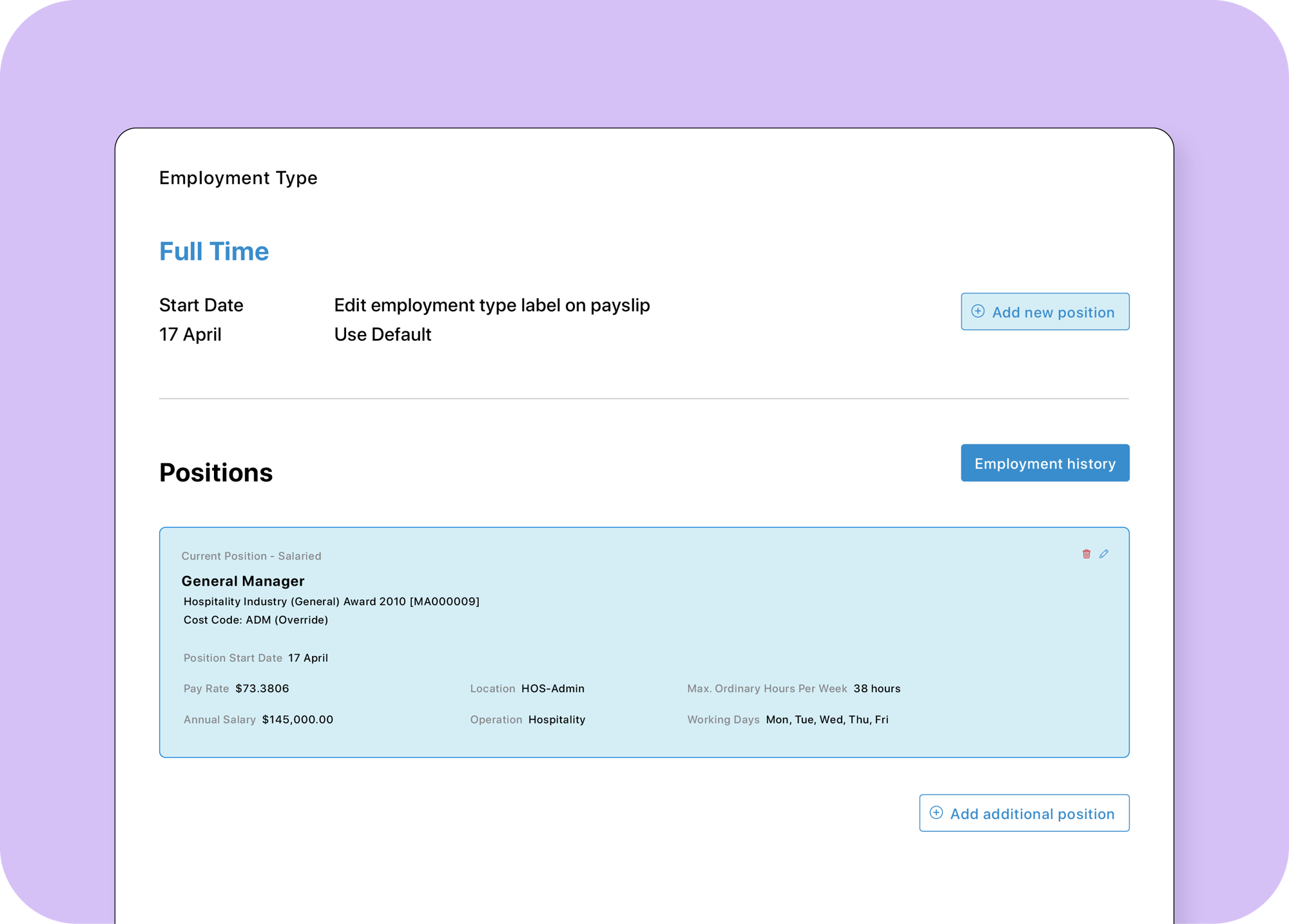 Pay rate settings on an employee profile