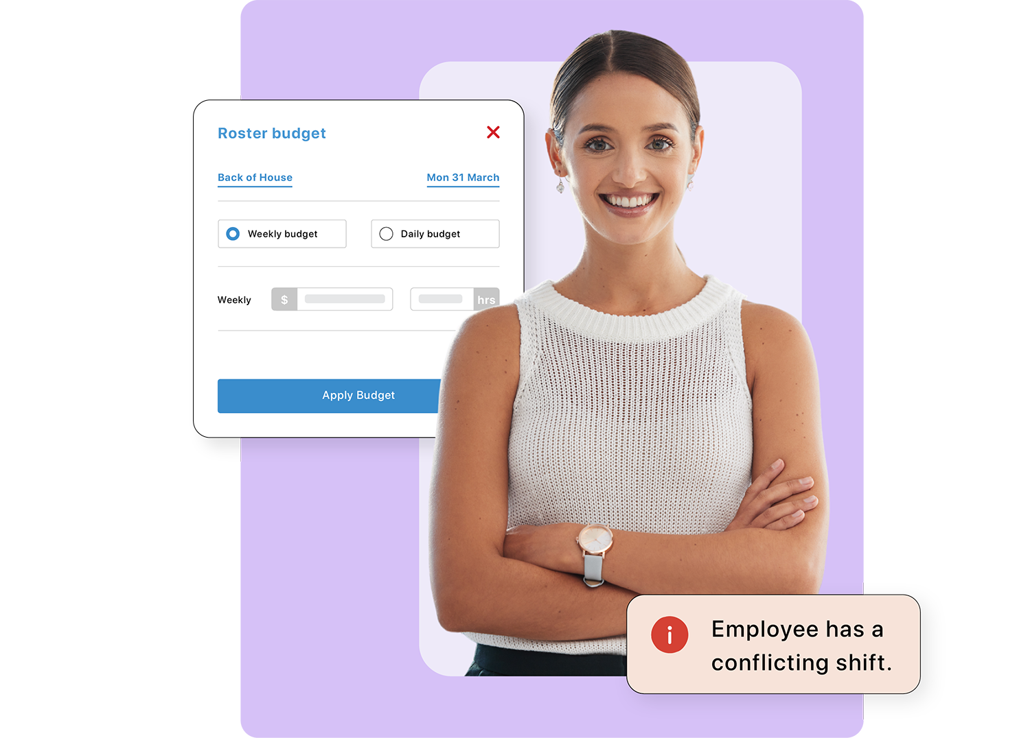 A payroll officer surrounded by animated multi-site workforce management tools