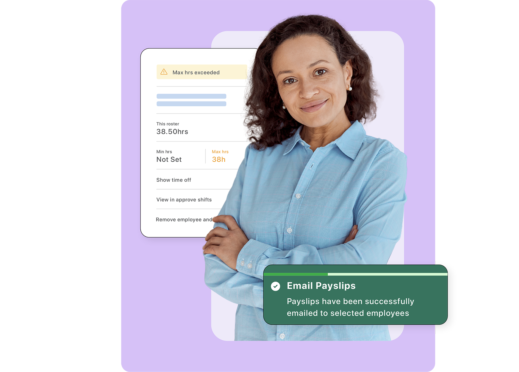 A payroll officer surrounded by payslip tools