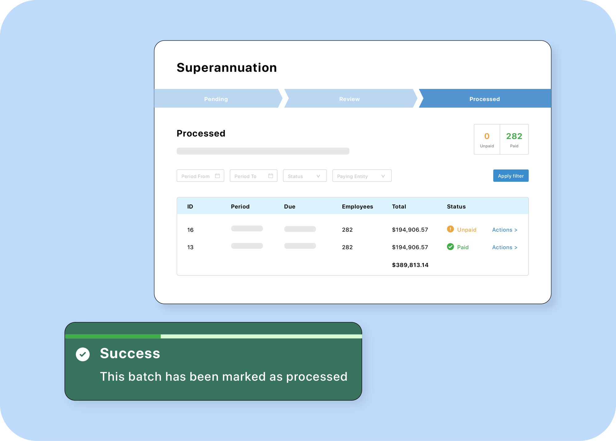 Superannuation payment dashboard