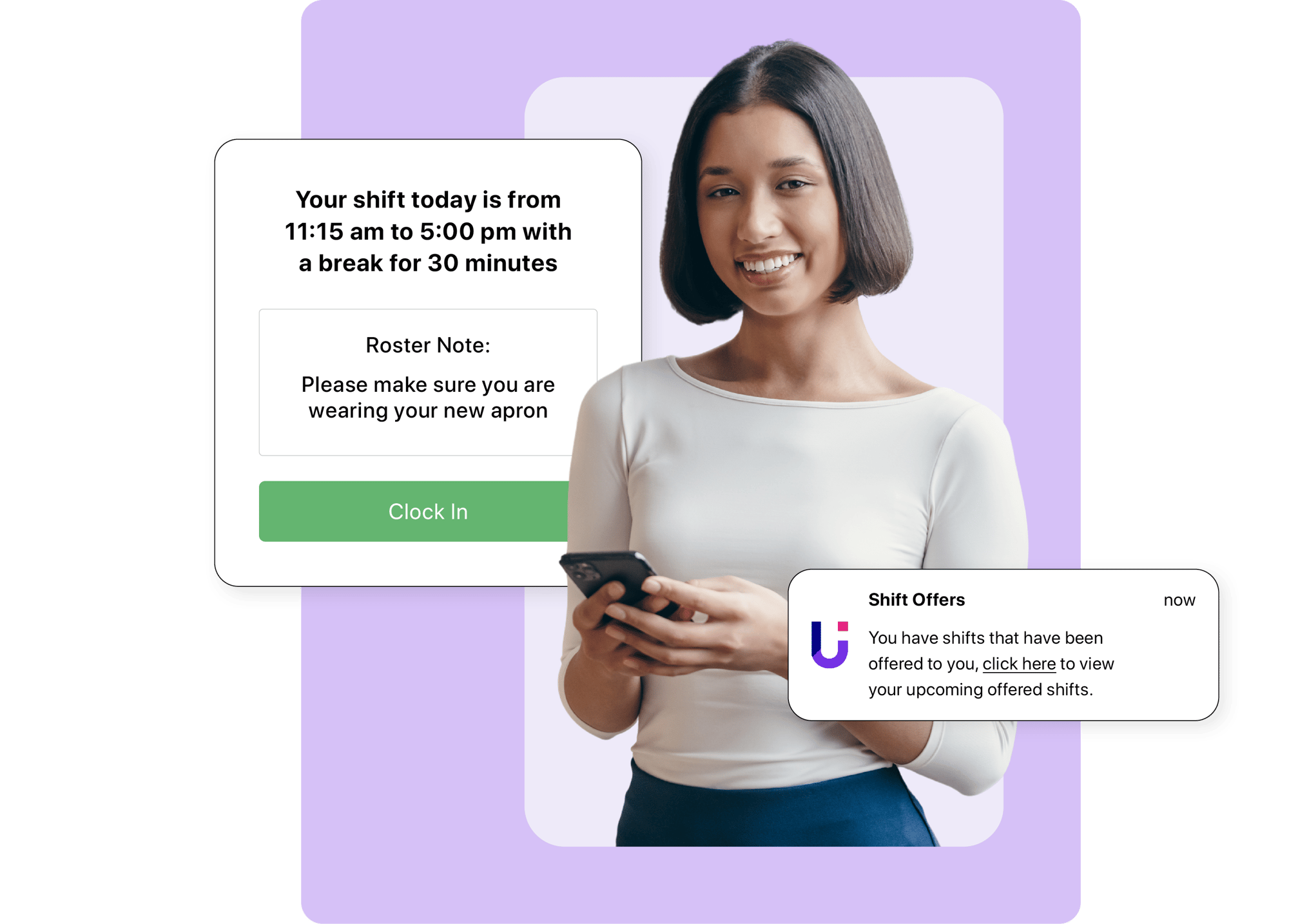 An employee surrounded by animated shift notifications