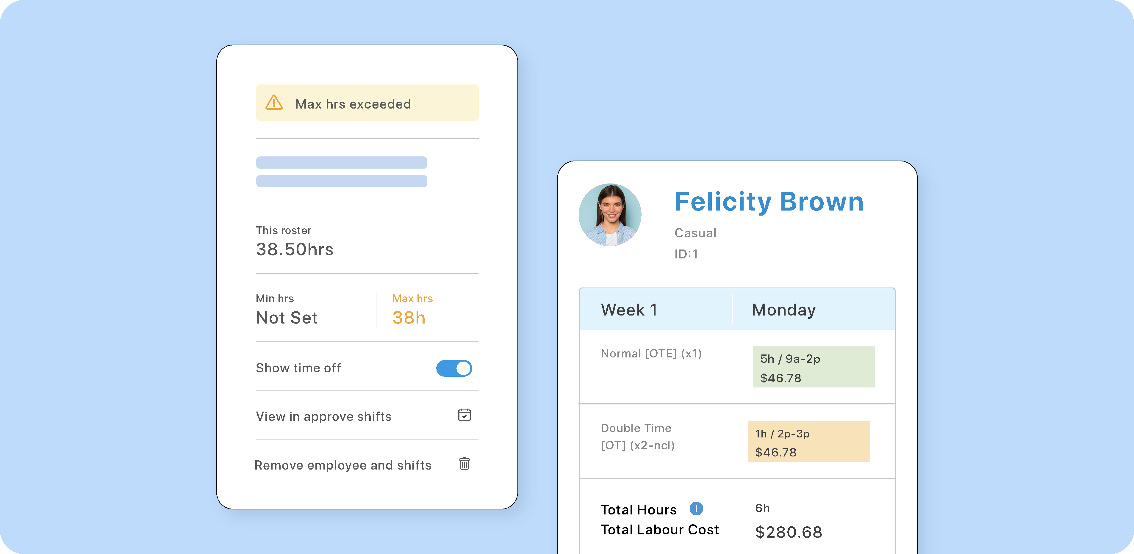 Labour costs displayed on foundU's rostering software