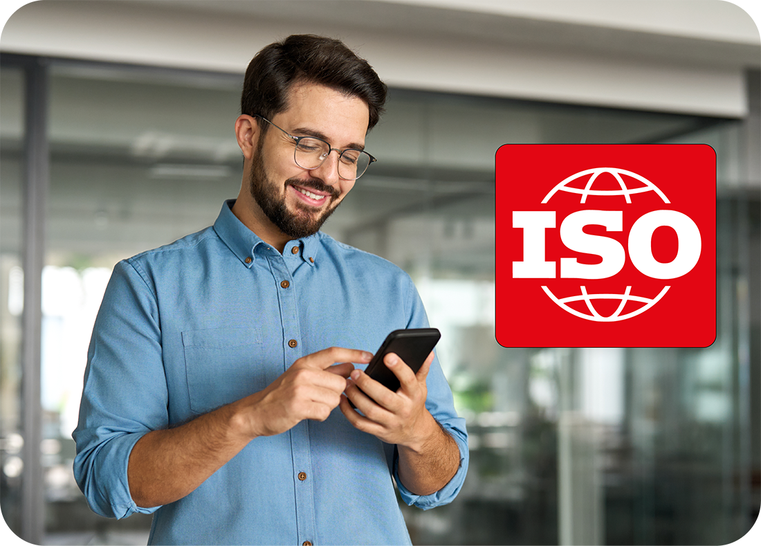 A payroll manager next to an ISO certification badge