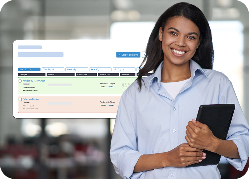A payroll manager reviewing time and attendance data
