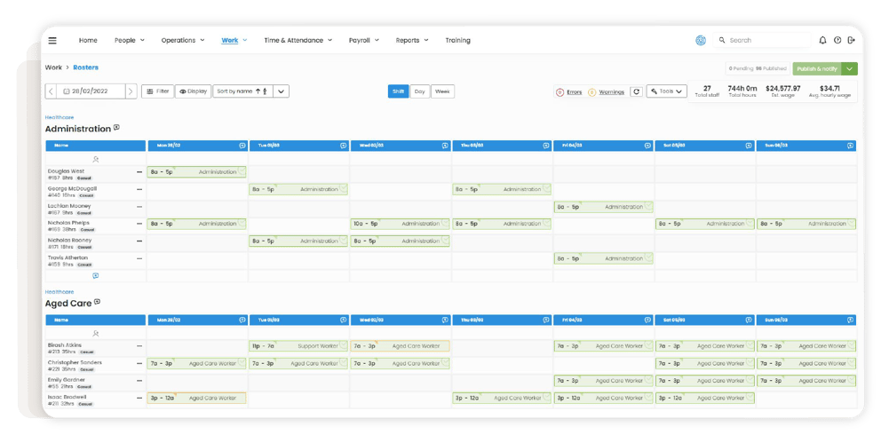 Screenshot of scheduling software